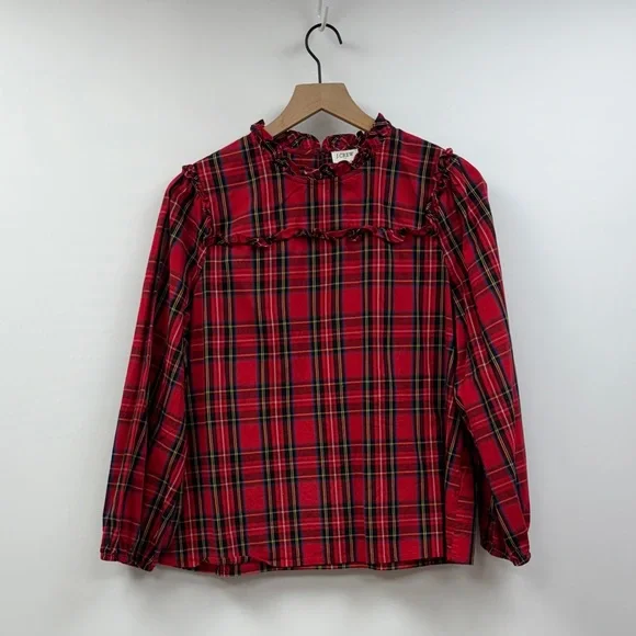 J. Crew Tartan Plaid Ruffle Popover Poplin Blouse Preppy Holiday Red Medium - Picture 4 of 11
